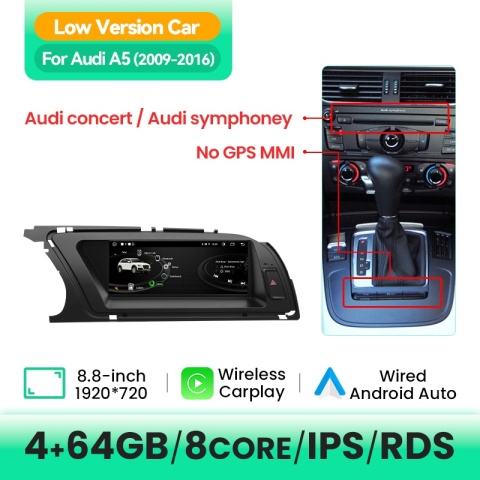 Bezprzewodowy odtwarzacz radiowy Carplay z obsługą głosową AI do Audi A5 2009-2016, Android 14, WIFI, 4G SIM, BT, 8GB 128GB, GPS, nawigacja, dotykowy ekran IPS, radio stereo