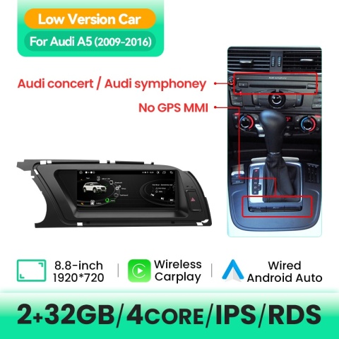 Bezprzewodowy odtwarzacz radiowy Carplay z obsługą głosową AI do Audi A5 2009-2016, Android 14, WIFI, 4G SIM, BT, 8GB 128GB, GPS, nawigacja, dotykowy ekran IPS, radio stereo