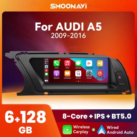 Bezprzewodowy odtwarzacz radiowy Carplay z obsługą głosową AI do Audi A5 2009-2016, Android 14, WIFI, 4G SIM, BT, 8GB 128GB, GPS, nawigacja, dotykowy ekran IPS, radio stereo