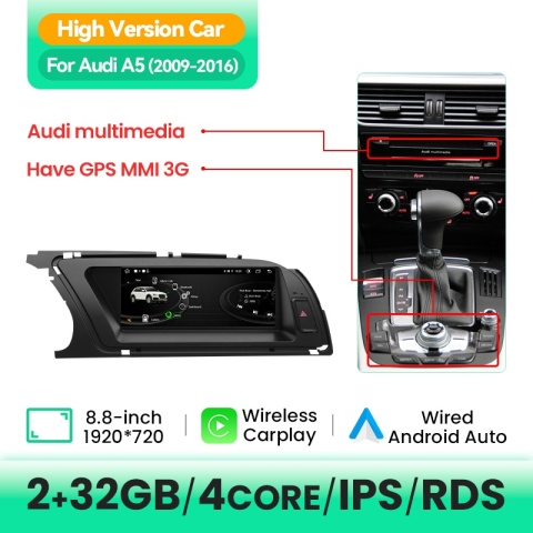 Bezprzewodowy odtwarzacz radiowy Carplay z obsługą głosową AI do Audi A5 2009-2016, Android 14, WIFI, 4G SIM, BT, 8GB 128GB, GPS, nawigacja, dotykowy ekran IPS, radio stereo